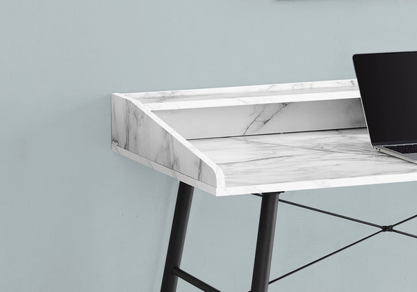 English Elm Computer Desk With White Marble Top & Black Metal Frame - Stylish Home Office Workstation With Storage B2710P219825