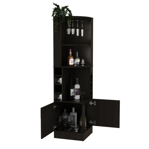 English Elm Syrah Corner Bar Cabinet with 8 Bottle Cubbies, 12-Glass Rack, Double Doors & Two Shelves - Black B070P217879