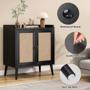 English Elm Sideboard Rattan Door Buffet Cabinet with Baffle Edge, Spacious Storage Credenza for Dining Hallway Black T3623P381057