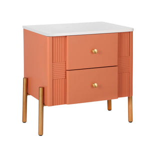 English Elm Christopher Knight Home® - Modern Fluted Nightstand with Two Drawers and Gold Legs, Sleek Textured Bedside Table for Stylish Storage and Easy Cleaning Orange 23 L x 18 W x 18 H N761P285710G