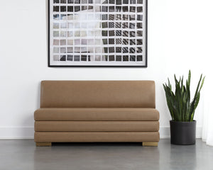 Sunpan Radcliff Banquette – Elegant Milliken Cognac Faux Leather with Gold Stainless Steel Legs, 65" Wide