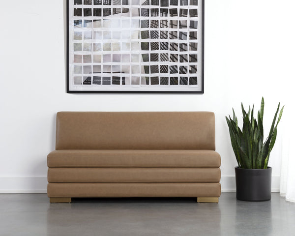 Sunpan Radcliff Banquette – Elegant Milliken Cognac Faux Leather with Gold Stainless Steel Legs, 65" Wide