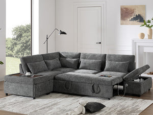 English Elm [video]107'' Chenille Sleeper Sectional with Usb Charging Storage Ottoman and Adjustable Armrest Gray N723S8782E