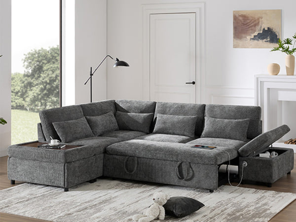 English Elm [video]107'' Chenille Sleeper Sectional with Usb Charging Storage Ottoman and Adjustable Armrest Gray N723S8782E