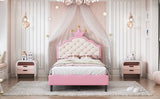 English Elm Twin Size Lovely Crown Fantasy Pu Leather Princess Bed With Tufted Headboard, Pink+Cream