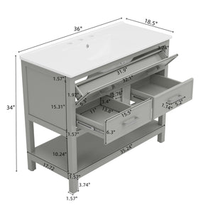 English Elm Christopher Knight Home® - 36" Modern Bathroom Vanity with Ceramic Sink, Tip-Out Tray, Soft-Close Drawers, Open Shelf, Waterproof Surface Gray N817P288908G