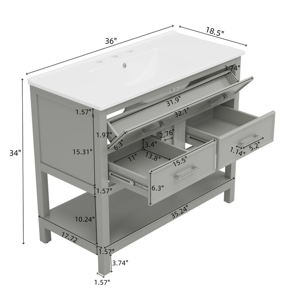 English Elm Christopher Knight Home® - 36" Modern Bathroom Vanity with Ceramic Sink, Tip-Out Tray, Soft-Close Drawers, Open Shelf, Waterproof Surface Gray N817P288908G