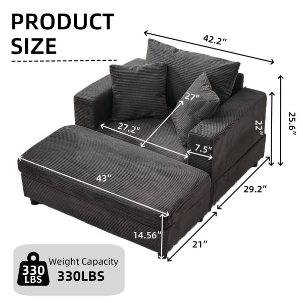 English Elm Chaise Lounge Chair With Removable Ottoman & Pillows - Modern, Pet-Friendly Accent Sofa Bed For Comfort W1170P353049