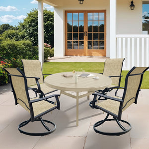 English Elm Outdoor Round Patio Dining Set Seats Four with Swivel Mesh Chairs and Umbrella Table W213S00059