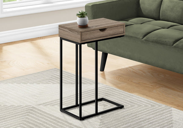English Elm Accent Table, C-Shaped Design For Modern Living Spaces, Storage Drawer, Sleek Black Metal Frame B2710P219420