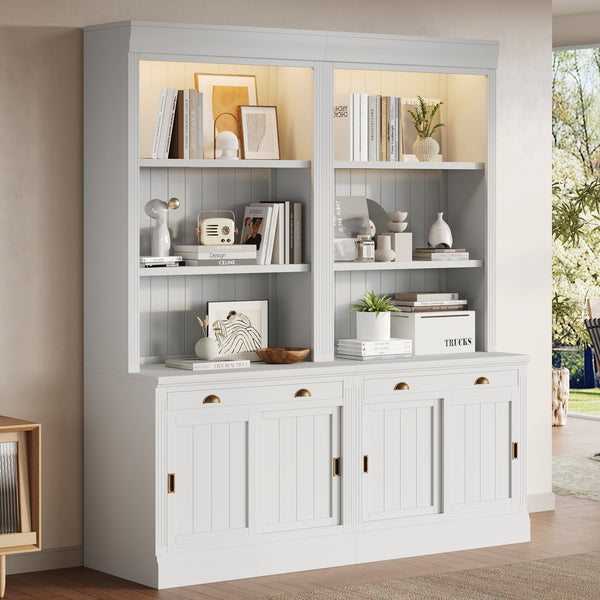 English Elm 83.4"Tall White Bookshelf Suite With Led Lighting, Sliding Doors & Drawers For Stylish Storage Solutions N751S059620K