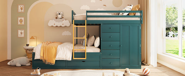 English Elm Full Size Bunk Bed with Integrated Drawers Wardrobe Mdf Solid Wood Kids Storage Green LT000463AAG