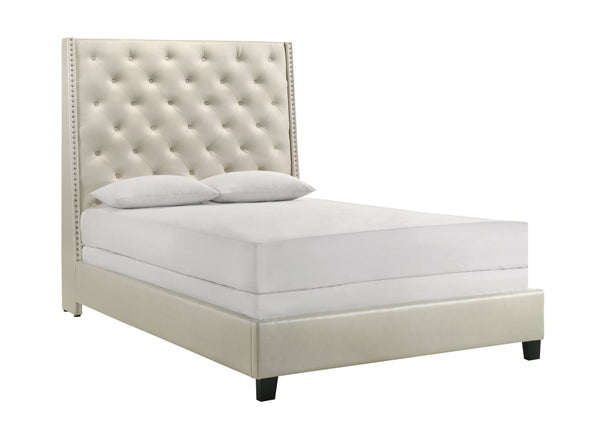 English Elm 1Pc Pearl White Queen Panel Bed - Elegant Upholstered Design With Button Tufting & Nailhead Trim B011S01446