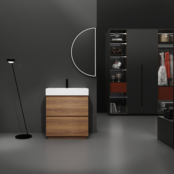 English Elm 30" Modern Bathroom Vanity With Undermount Sink, Double Drawer Storage & Waterproof Finish In Brown W1972S00007