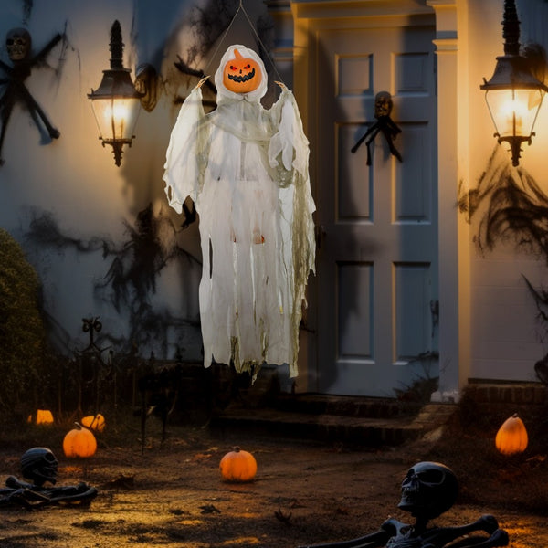 English Elm Homcom Hanging Pumpkin Ghost Halloween Prop with Glowing Eyes and Howling Sound Sensor W2225P229717