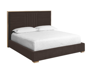 Sunpan Mabel Bed - King Size - Luxurious Meg Dark Brown Upholstered Design With Gold Feet & No Box Spring Brown Fabric 111924