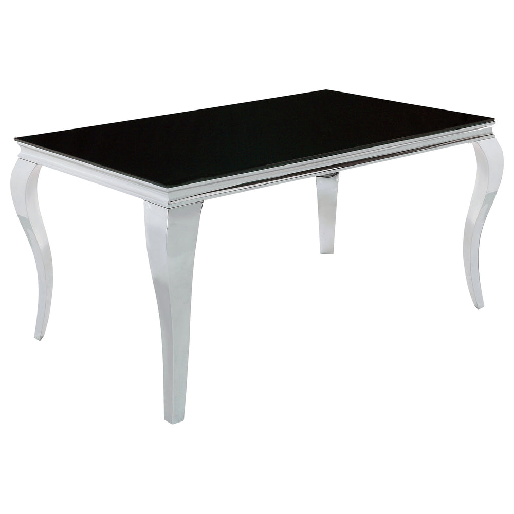 English Elm Belt Black Mirrored Dining Table with Shiny Rectangular Glass Top and Curved Mirrored Metal Legs, Modern Glam Scene B062S00797