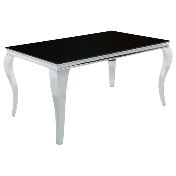 English Elm Belt Black Mirrored Dining Table with Shiny Rectangular Glass Top and Curved Mirrored Metal Legs, Modern Glam Scene B062S00797