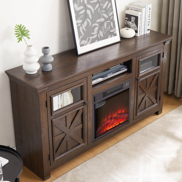 English Elm 2 Door Farmhouse Entertainment Console with Built-in Electric Fireplace Barn Style Espresso W2275S00041