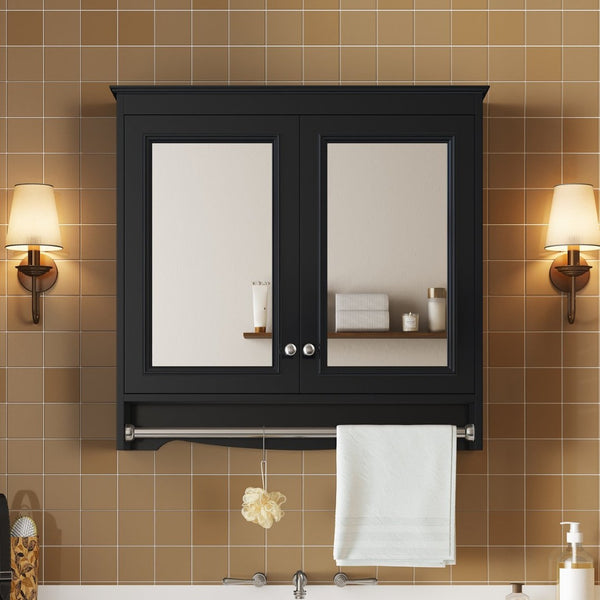 English Elm 3-in-1 Wall Mounted Medicine Cabinet with Soft Close Door Adjustable Shelves and Towel Bar Black N710P405415B