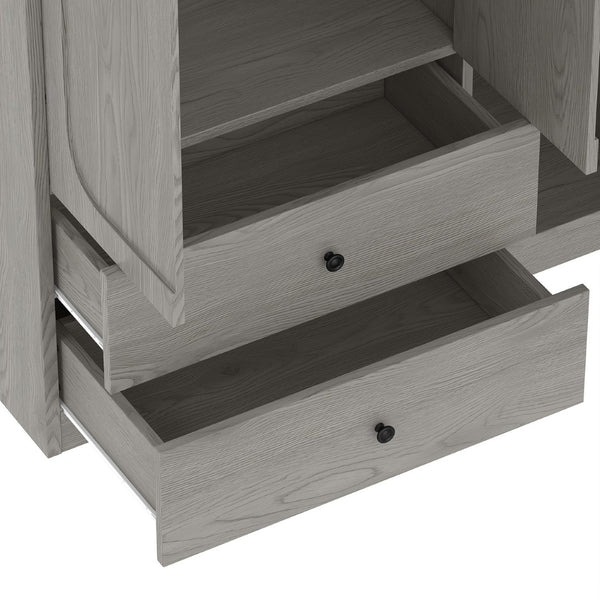 English Elm Multifunctional Wardrobe Cabinet with Fold Out Desk Hanging Rod and Storage Drawers Gray W1580S00476