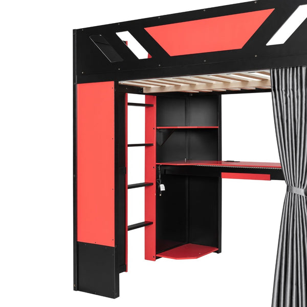 English Elm Full Size Loft Bed with Desk Blackout Curtains Rgb Lighting and Integrated Storage Black+Red LT000377AAJ