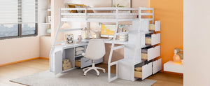 English Elm Full Size Kids Loft Bed with Integrated Desk Seven Drawers and Open Shelving White LT000649AAK-1
