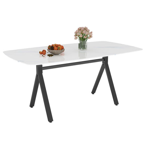 English Elm Modern-style Marble Glass Dining Table Seats Six with Sleek Black Metal Legs W5123P397512