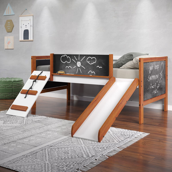 English Elm Aurea Cherry Oak & White Twin Loft Bed with Slide, Built-In Chalkboards, Storage Toy Boxes, Ladder B2726S00077