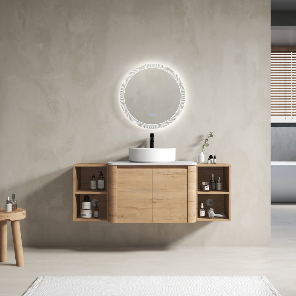 English Elm 54'' Elegant Wall-Mounted Bathroom Vanity With Ceramic Vessel Sink, Soft-Close Doors & Storage Shelves W999S00414