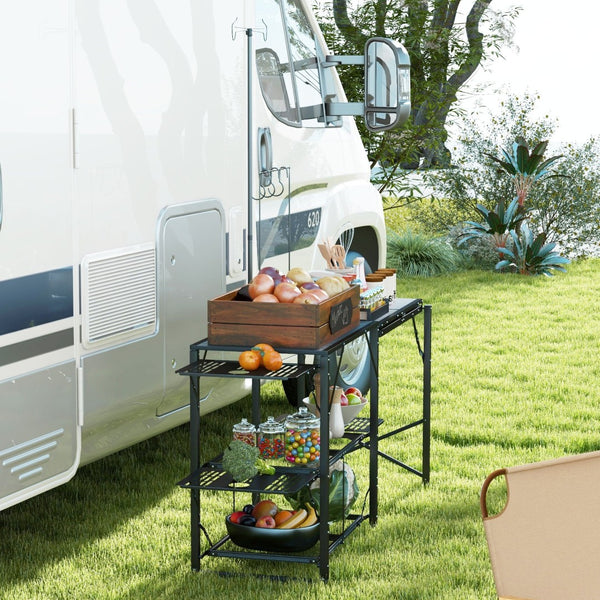 English Elm Outsunny Folding Camp Kitchen Table - Portable Cooking Station With Lantern Holder & Hooks For Bbqs W2225P200483-GIGA