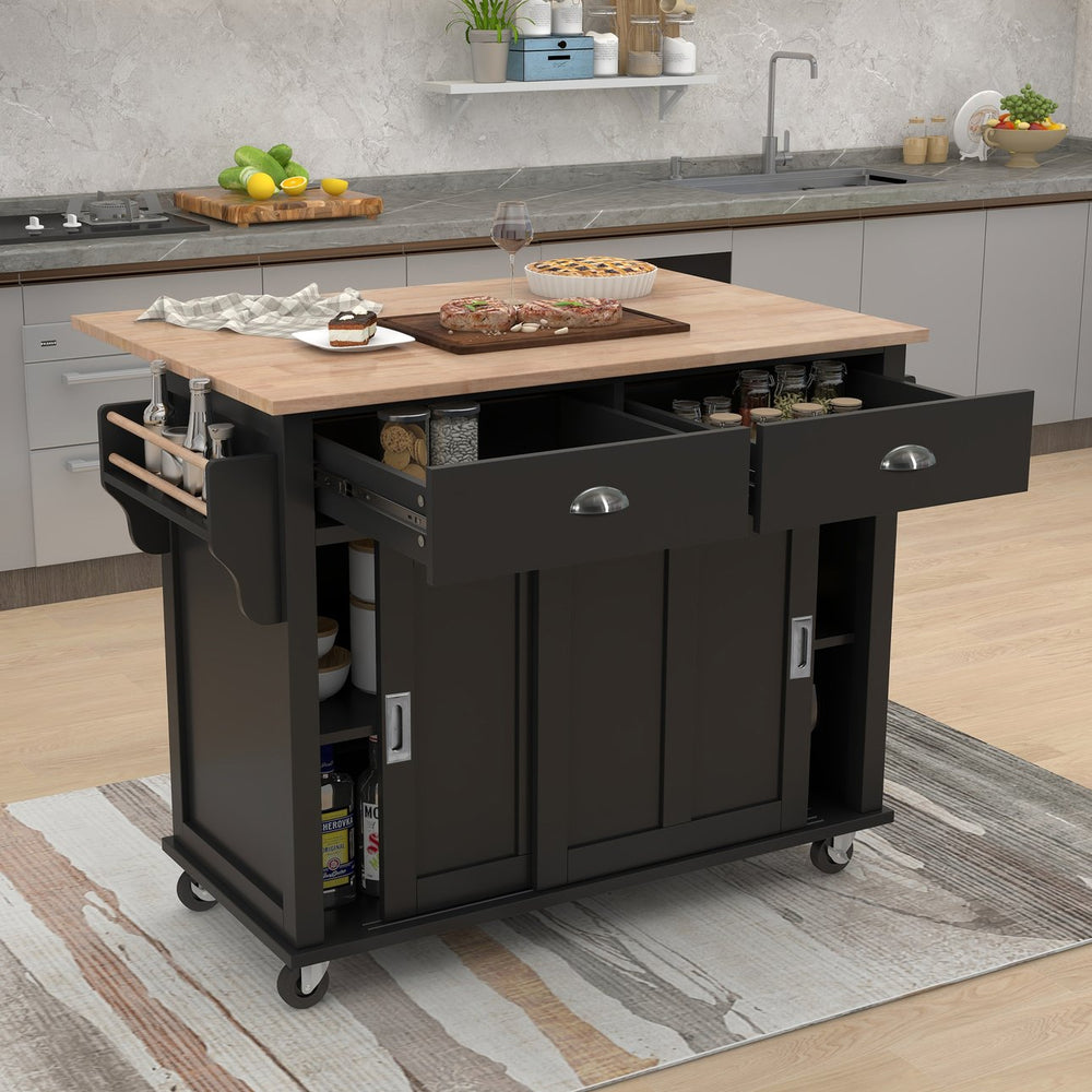 English Elm Kitchen Cart with Drop-Leaf Rubberwood Countertop, Sliding Barn Door, Locking Wheels & Storage Space Black SK000001AAB