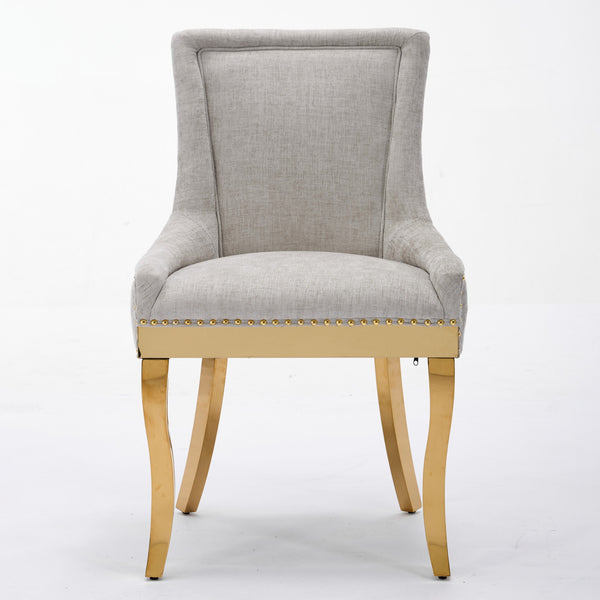 English Elm Chenille Modern Dining Chair with Curved Gold-Plated Legs, Rivet Trim, Textured Upholstery Comfort Beige W1143P332684