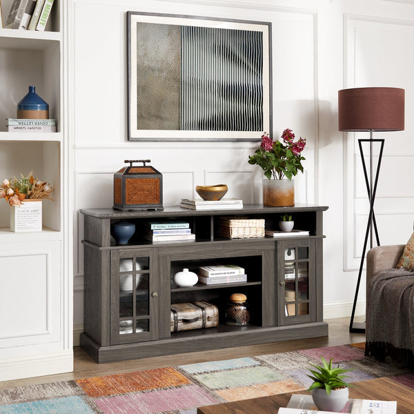 English Elm Classic TV Media Stand Dark Walnut 65" Modern Entertainment Console with Glass Doors, Cable Management and Adjustable Shelves (58.25"W x 15.75"D x 32"H) W2275P389756