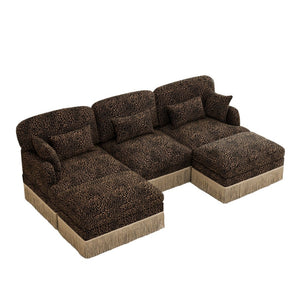 English Elm 100"comfy Chenille Leopard Print U-shaped Sectional with Tassel Trim and Modular Ottomans Brown W5656S00015