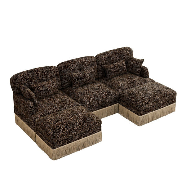 English Elm 100"comfy Chenille Leopard Print U-shaped Sectional with Tassel Trim and Modular Ottomans Brown W5656S00015