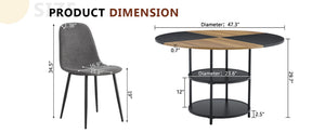 English Elm Table and Chair Set Sunburst Mdf Round Dining for Six with Dual Shelf Black Metal Legs W1151S03850