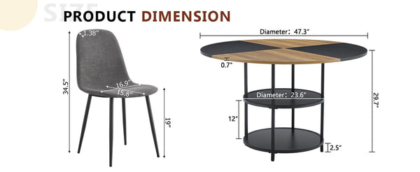 English Elm Table and Chair Set Sunburst Mdf Round Dining for Six with Dual Shelf Black Metal Legs W1151S03850