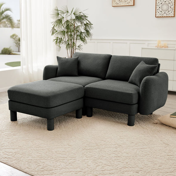 English Elm Boucle Chic 2-Seater Loveseat Sofa With Shell-Shaped Armrests & Removable Ottoman In Dark Gray W3041S00299