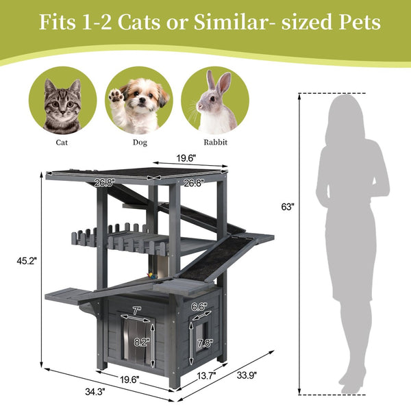 English Elm 4 Tier Outdoor Pine Cat Tower with Waterproof Roof Enclosed Den and Balcony Perch Grey N704P436318E