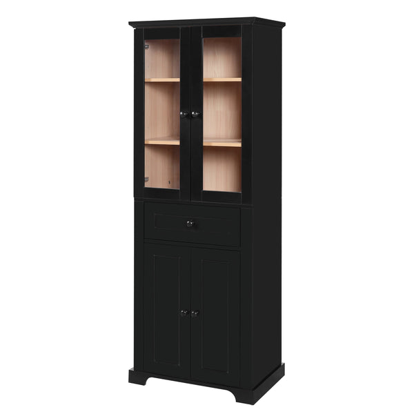 English Elm 67.2" Tall Bathroom Storage Cabinet with Tempered Glass Doors, Adjustable Shelves, Soft-Close Hinges and Anti-Tip Safety Black N729P310006B