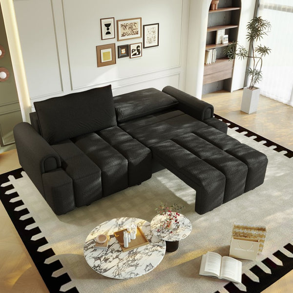 English Elm 90.2" Plush Teddy Fabric Convertible Sleeper Sofa with Hidden Storage for Living Room Black W1885S00313