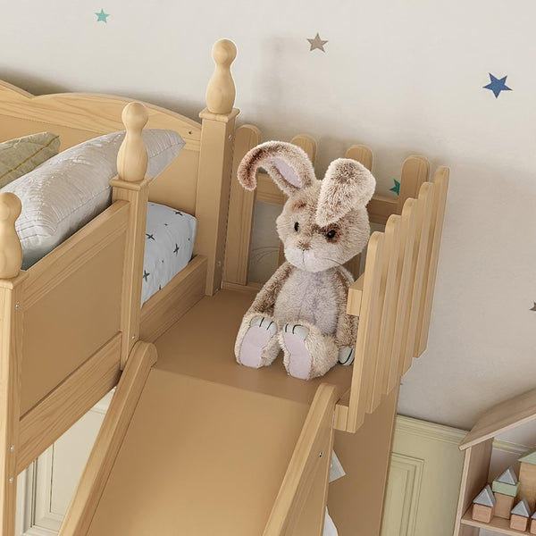 English Elm Twin Loft Bed Solid Pine Frame with Wardrobe Shelving Detachable Slide Kids Room Natural W5305S00017