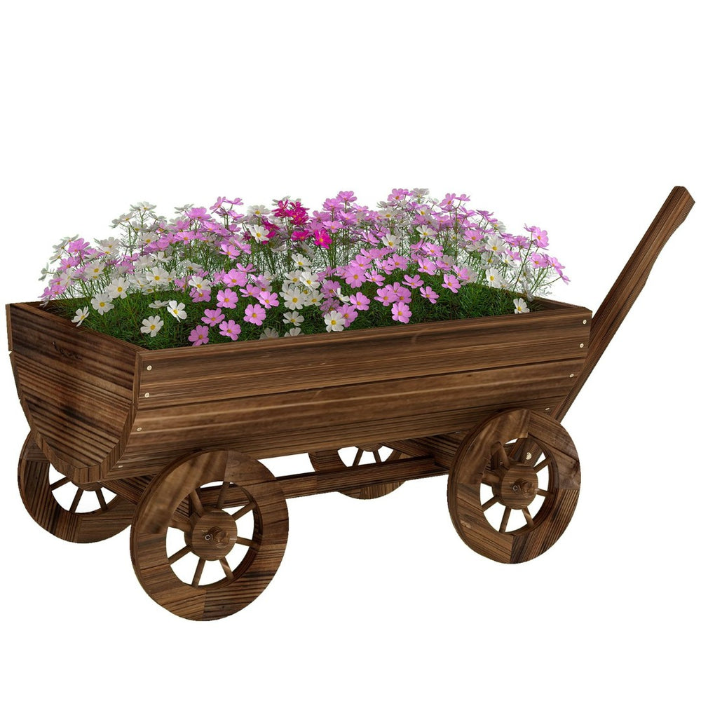 English Elm Outsunny Carbonized Fir Wood Wagon Planter on Wheels Rustic Farmhouse Garden Cart W2225P485575