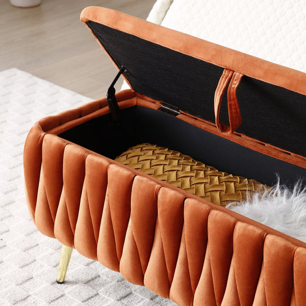 English Elm Oval Teddy Fabric Storage Bench with Gold Legs — 43.4" Large Upholstered Ottoman for Entryway Seating and Hidden Organization Orange W1117P184676