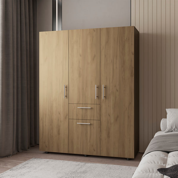 English Elm Armoire Elma Macadamia Beige Engineered Wood - Space-Saving 6-Leg Closet with Drawer, Shelves, Rods B092S00271