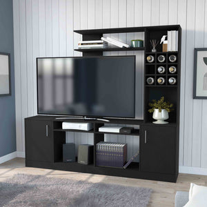 English Elm Vibrant Black Entertainment Center for TVs up to 78" — Double Door Cabinet, 6 Shelves, Ample Storage B128S00159