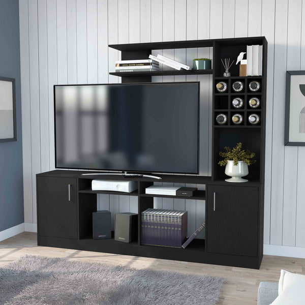 English Elm Vibrant Black Entertainment Center for TVs up to 78" — Double Door Cabinet, 6 Shelves, Ample Storage B128S00159