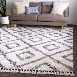 Unique Loom Hygge Shag Diamond Machine Made Geometric Rug Ivory, Gray 8' 0" x 8' 0"