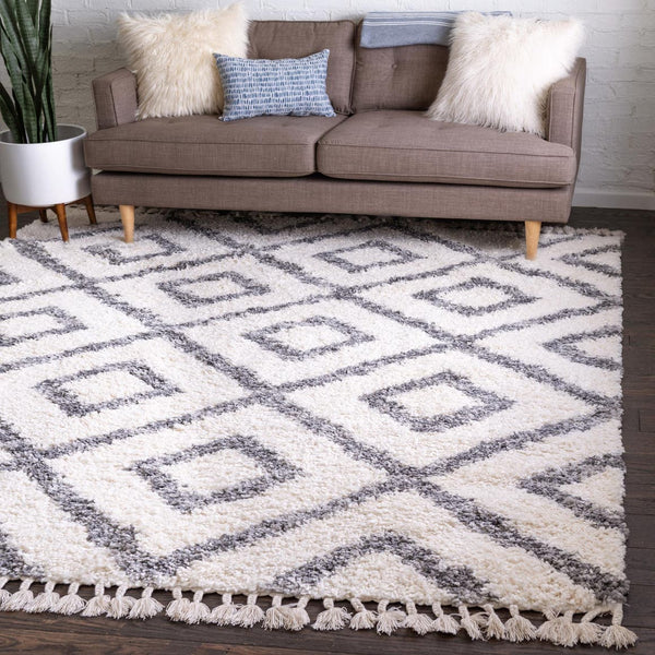 Unique Loom Hygge Shag Diamond Machine Made Geometric Rug Ivory, Gray 8' 0" x 8' 0"